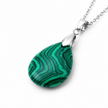 A silver teardrop pendant necklace featuring a polished green and black banded malachite stone, shown on a clean white background.