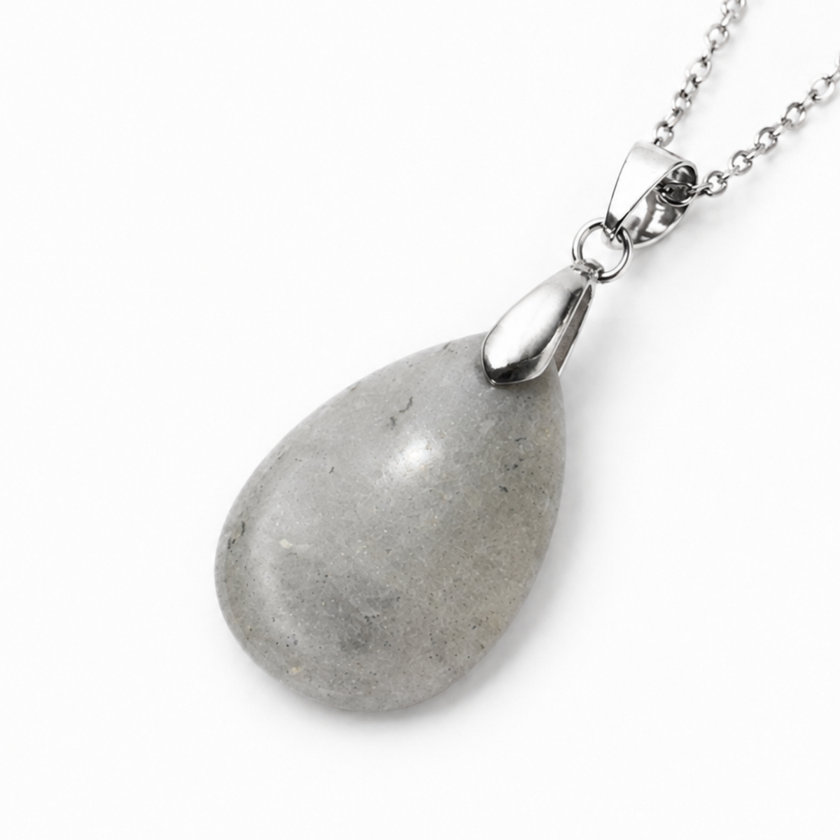 A spectrolite teardrop pendant necklace with a smooth, polished gray stone-like drop, shown on a clean white background.