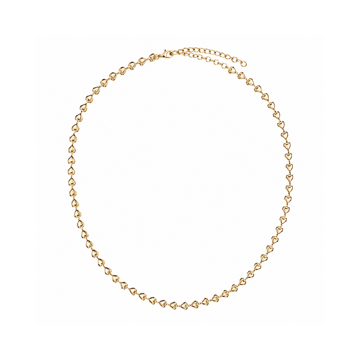 A delicate gold chain necklace featuring small, repeating heart-shaped links, displayed on a clean white background.