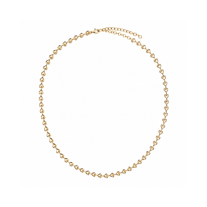 A delicate gold chain necklace featuring small, repeating heart-shaped links, displayed on a clean white background.