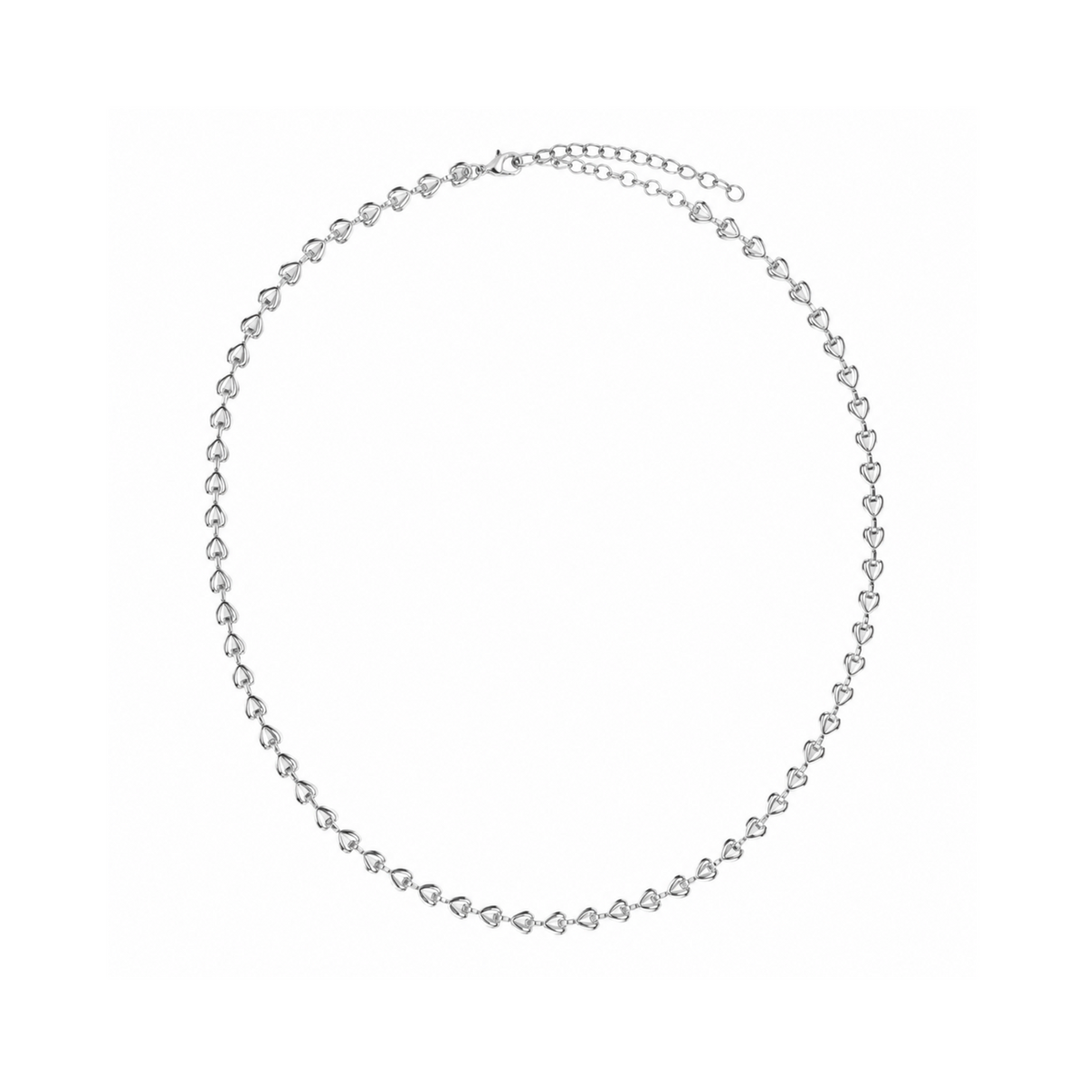 A delicate silver chain necklace featuring repeating small heart-shaped links, displayed on a clean white background.
