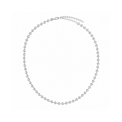 A delicate silver chain necklace featuring repeating small heart-shaped links, displayed on a clean white background.